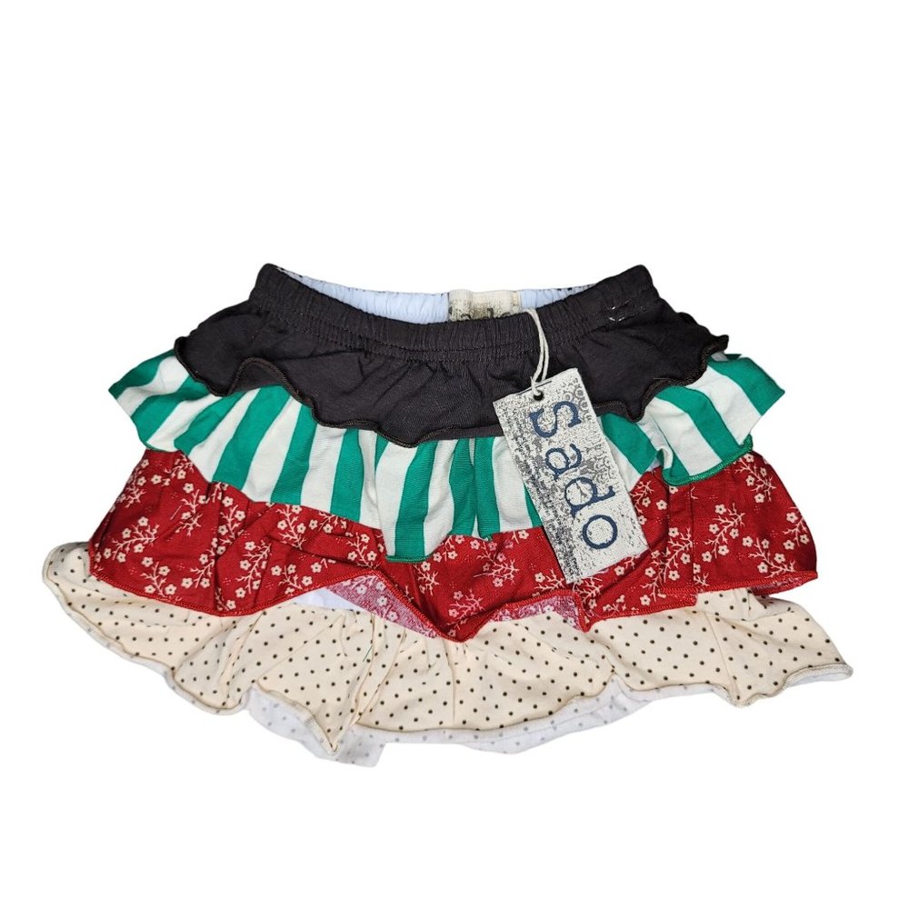 Sado NWT Tiered skirt red green white brown striped polka dot holiday Christmas